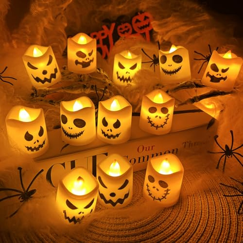 12 Stück Halloween Licht LED Teelichter, Deko Halloween Laterne Flammenlose | Teelichtkerzen mit Geisterausdruck, Halloween LED Votivkerzen,Kürbis Windlicht, Halloween Beleuchtung Outdoor Indoor (B)