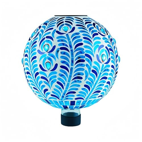 VOREEN Solar Gazing Ball, 10 Mosaic Glass Gazing Globe with Solar Light, Handmade Outdoor Patio Lawn Garden Decor Sphere, Peacock Feather Design, Blue