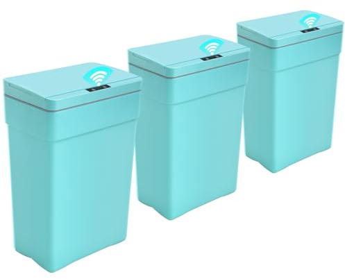 BLKMTY 13 Gallon Trash Can 50 L Kitchen Trash Can with Lid Plastic Garbage Can Automatic Garbage Bin Touchless Trash Bin for Office Bathroom Rubbish Can Auto Waste Bin Dustbin, 3 Pack, Blue