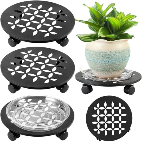 DEELF OUTLET 3 Packs 12 Large Metal Plant Caddy with Wheels Heavy-duty Plant Dolly Pot Mover Rollers Rolling Plant Stands Indoor Outdoor Wheeled Plant Holder Coaster Trolley, Black