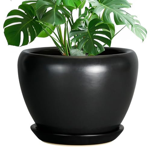 Ceramicfor Keramiktopf für Pflanzen - 10 Zoll Pflanztopf Innen mit Drainageloch und Untersetzer Großer Pflanzgefäß Dekorativer Übertopf Modern Outdoor Blumentopf für Haus Balkon Schwarz