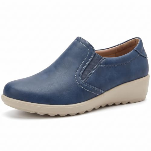 Cushion Walk EEE Extra-Wide Fit Slip-on Low Wedge Shoes for Women UK | Faux Leather, Low Wedge, Elastic Side Panels, Massage Insock, Ladies Casual Work Office Comfort Shoes, Loafers