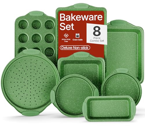 BAKKEN Kitchen Baking Pan Set - Nonstick Green Marble Coating, Carbon Steel Bakeware Sets with Green Silicone Handles, Kitchen Essentials, PFOA, PFOS, PTFE Free, Oven Safe (Up To 450° F), Set of 8