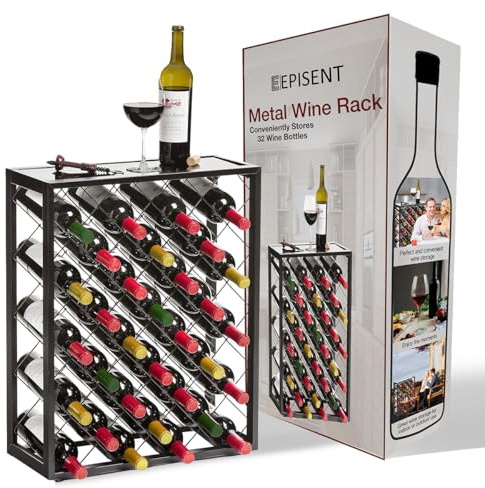 EPISENT 32 Bottle Wine Rack Freestanding Metal Wine Storage Stand Holder | Space saving metal wine rack stores 32 bottles, ideal for kitchens, dining rooms, home bars and countertop organisation