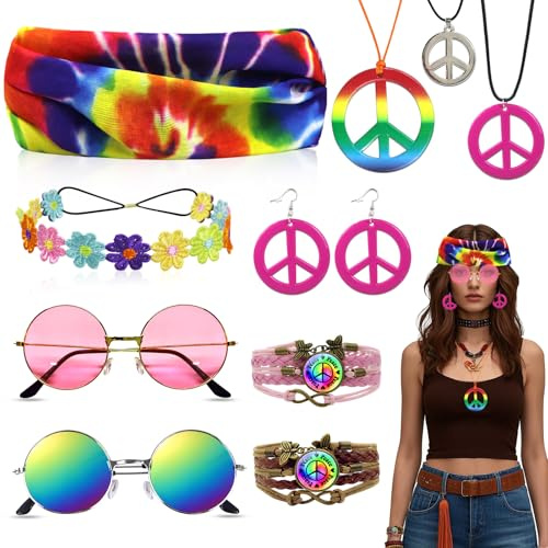 Oerphh 11 Stück Hippie Kostüm Accessoires Herren Damen,60er 70er Jahre Accessoire mit Peace Halskette Ohrringe Brille Stirnband Armbänder,Retro Hippie Accessoires für Fasching Karneval Motto Party