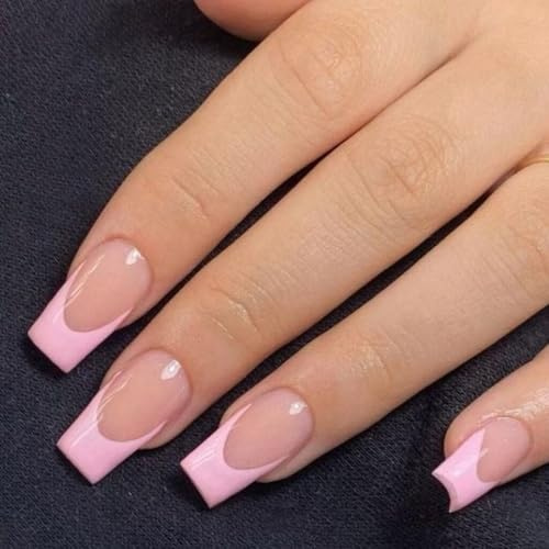 French Tip False Nails - French Square Press On Nails Short Medium - Nude Pink Coffin Fake Nails With Glue - Ballerina Acrylic Full Cover Stick On nails For Women Daily Nail Art Gift Accessories