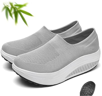 Chaussures orthopédiques à bas à bascule pour femme - Mocassins à plateforme compensée - Coupe large, gris, 43 EU