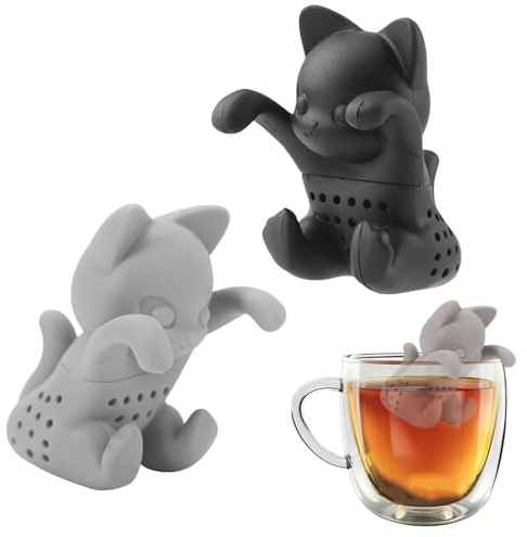 txuzong Teesieb aus Silikon 3D in Katzenform – 2 Stück mit abnehmbarem Filter – für Tasse und Teekanne – originelles Geschenk (Schwarz/Grau)