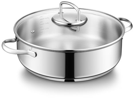 BEZIA Schmorpfanne 28 cm mit hohem Rand & Deckel, Induktions-Bräter 5,2 L | Edelstahl 18/10 Pfanne, unbeschichtet mit Mengenanzeige, Nietfrei & pflegeleicht, Schmortopf zum Schmoren & scharfen Anbraten