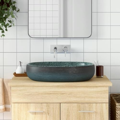 HaoChrymec Aufsatzwaschbecken mit Türkis Keramik, Handgefertigt, Oval, Modernes Design für Badezimmer, Waschküche, Handwaschbecken Klein, 59 x 40 x 14 cm