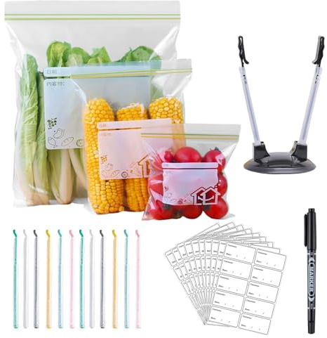 90 Pcs Reusable Ziplock Freezer Bags, 3 Sizes BPA Free Food Storage Bags with 100 Sticker Labels, Bag Holder & Pen, Sandwich Bags for Vegetables, Fruits, Meat, Grains