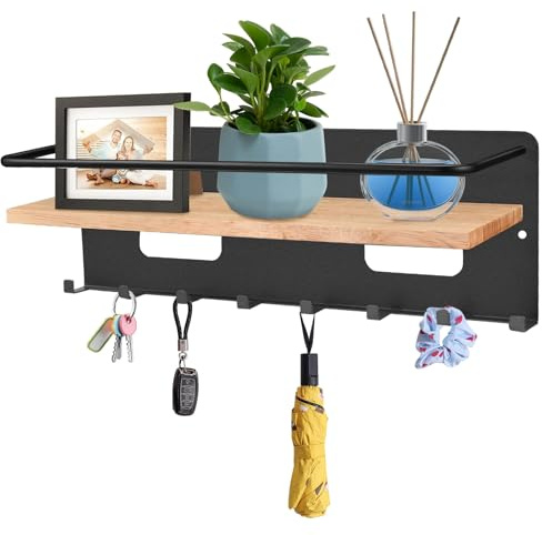 Estante para llaves con estante – 8 ganchos para llaves decorativo de pared para colgar en la pared, tablero de llaves de madera para entrada, cocina, dormitorio y salón