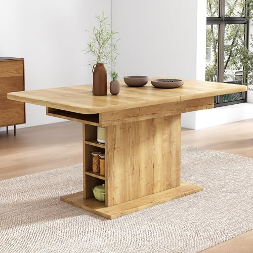 HAUSPROFI Ausziehbarer Esstisch, 130x75x70cm Esstisch mit Stauraum, L-110-130cm Platzsparender Multifunktionaler Tisch aus Eisen für Esszimmer und Küche (Holz, 130x75x70cm)