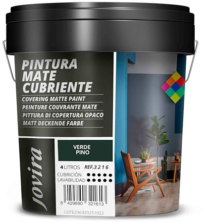 JOVIRA PINTURAS Pintura Mate Cubriente | Colores | Pintura interior-exterior con excelente poder cubriente. (4 Litros, Verde Pino)-T