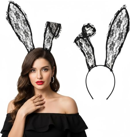 YUVKIN 1 Pcs Serre-tête Oreilles de Lapin en Dentelle Sexy pour Femme - Accessoire de Costume pour Fête, Cosplay, Carnaval, Halloween (Noir)