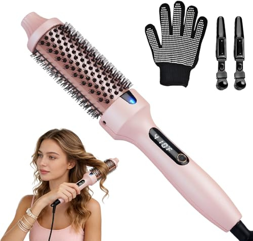 SGZIOO Termisk borste, 38 mm termoborste, lonisk lockborste minskar frizz, 3-i-1 termisk rund borste, termoborste med 6 temperaturnivåer lämplig för alla hårtyper, dubbel spänning, rosa