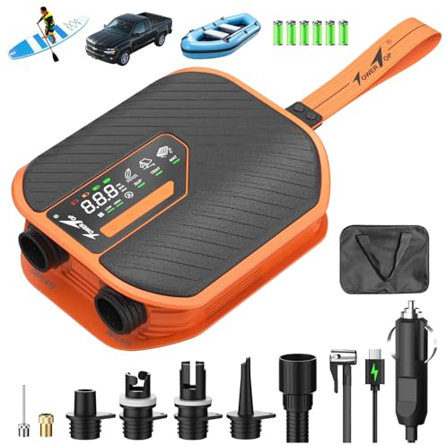 TowerTop Sup Pumpe Akku: 10500mAh Akku Pumpe für Auto/SUP, 50 PSI Stand Up Paddle Pumpe, 12V DC Zweistufenpumpe (Auf- und Ablassen) mit 8 Düsen für Paddleboards, aufblasbare Artikel, Kajaks und Autos