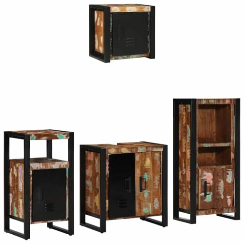 HFXHIJXQ 4-TLG Badezimmermöbel-Set Mehrfarbig Upcycling-Holz 55x35x60 cm mit Waschbeckenunterschrank Regal für kleines Bad Gäste-WC Doppelwaschtisch