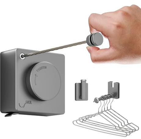 HONPHIER Tendedero Retráctil, 5.1M Tendedero de Pared Extensible, con Gancho Plegable, Acero Inoxidable, Tendederos Retráctil para Interior y Exterior, Ahorra Espacio (Gris)