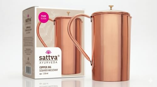 Sattva Ayurveda Kupferkrug 1250 ml – Wasserkrug aus Reinem Kupfer mit Zertifikat – Handgefertigte Kupferkanne für Wasseraufbewahrung – Plastikfrei & Unbeschichtet (Plain Design)