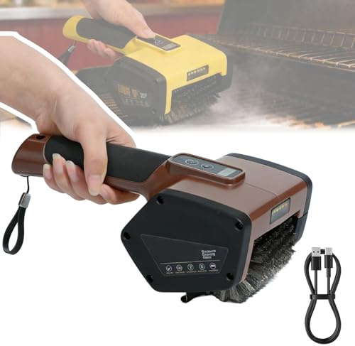 WuXQuuzlh Cepillo Eléctrico para Parrilla, Cabezal de Acero Inoxidable, 500-800 RPM, Luces Led Y Protector contra Salpicaduras, Inalámbrico Recargable para Parrillas de Exterior Brown
