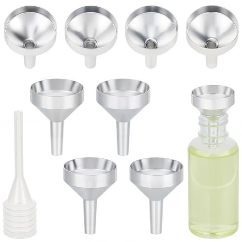 CREATCABIN 10 Juego de Mini Embudos Metálicos Pequeños de Aluminio con 2 pipetas Dispensadoras de Plástico Y Tolva Plateada para Llenar Botellas Pequeñas Cosméticos Aceites Esenciales 2.5x3.3cm
