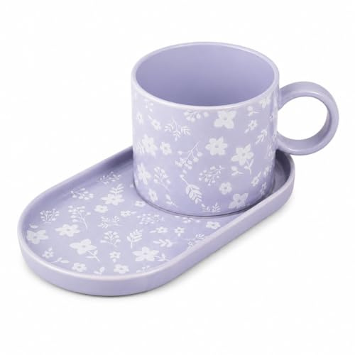Mad About Mugs Lilac Stoneware Mug and Oversized Saucer Set, Floral Tea Coffee Cup with Biscuit Plate, 9cm Mug, 18cm Saucer, Stylish Gift Cup Set for Home Kitchen Drinkware