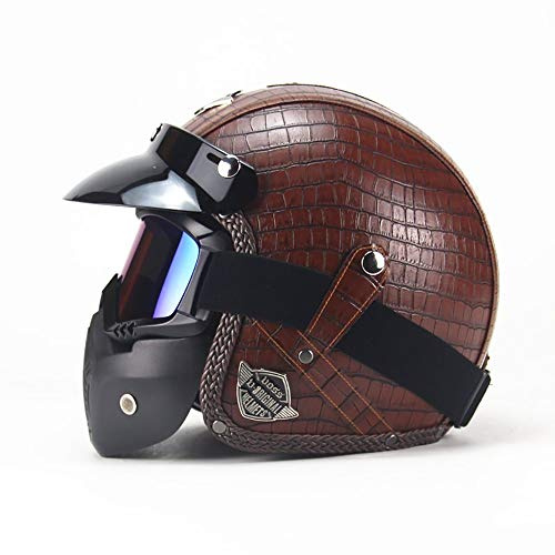 MTTKTTBD Leder Motorradhelm Jethelm,ECE Zertifiziert,Retro Harley Halbhelme mit Abnehmbare Maske für Damen Herren,3/4 Motorradhelm für Street Bike Cruiser Chopper Moped Scooter