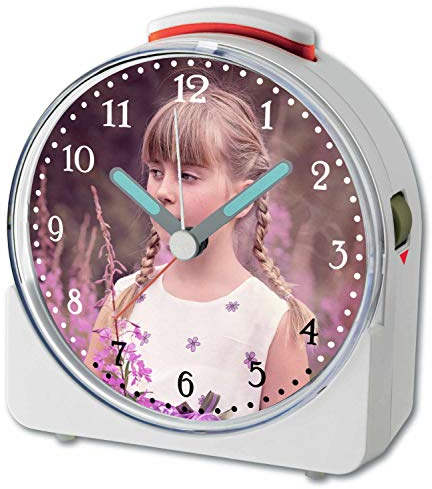 CreaDesign, WU-71-1087, mit Bild, analog Kinderwecker weiß, Funkwecker mit Sweep-Uhrwerk und fluoreszierenden Zeiger und Licht, personlisiert mit Namen, 10,2 x 4,6 x 11 cm