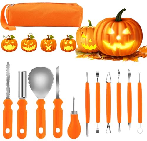 Jusduit Kürbis Schnitzset, 11 Stück Halloween Kürbis Schnitzwerkzeug,Edelstahl Kürbis Carving Set DIY Dekoration mit Tragetasche für Halloween Dekoration Erwachsene und Kinder