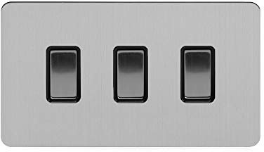 Soho Lighting Brushed Chrome Flat Plate 10A 3 Gang Light Switch on Double Plate 2 Way Black Insert Screwless