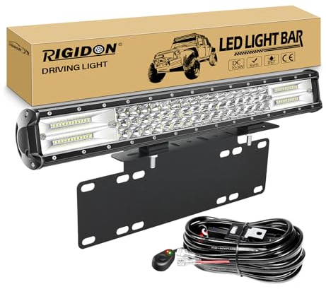 RIGIDON led lichtleiste 4x4 mit 12V kabelbaum und 37cm kennzeichenhalterung | 20 zoll 50cm 288W, 6000K weiß, wasserdichte, offroad beleuchtung, light bar, für LKW SUV KFZ auto Pickup fahrzeuge wohnwagen