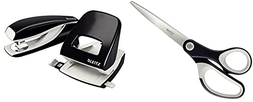Leitz Büro Heftgerät und Locher-Set, Für 30 Blatt, Ergonomische Design, Schwarz, NeXXt-Serie, 50950095 & Qualitäts-Schere Titan 205mm SB sw