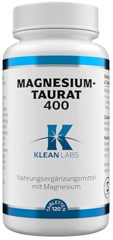Klean Labs - Magnesium Taurat 400-100 mg - 120 Tabletten - Glutenfrei, Vegan, ohne Gentechnik - unterstützt Nerven, Muskeln und Energiestoffwechsel