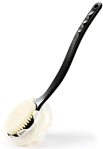 Shower Body Brush with Bristles and Loofah,Back Scrubber Bath Mesh Sponge with Curved Long Handle for Skin Exfoliating Bath, Massage Bristles Suitable for Wet or Dry, Men and Women (Black)