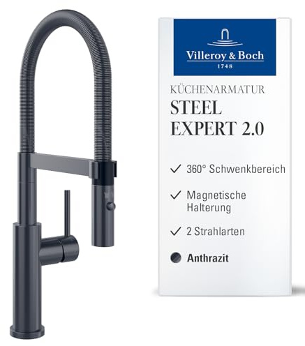 Villeroy & Boch Steel Expert 2.0, grifo de cocina de alta presión con conmutación y caño giratorio con muelle espiral de 360°, flujo laminar, altura del caño 170 mm, acabado cepillado, Anthracite
