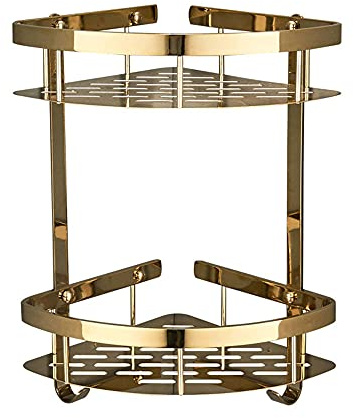 Duscheckregal Wand Bohren Duschablage Ecke Messing Badezimmer Zubehör Eckregal Dusche Duschkörbe 2 Stufig mit Haken Duschhalterung Aufbewahrung Shampoo Duschzubehör Rostfrei, Gold