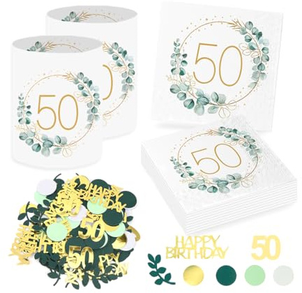Sprinlot 20 Stück 50. Geburtstag Deko Servietten + 12 Stück Windlicht Tischdeko 50 Geburtstag + Eukalyptus Konfetti Tischdeko Grün Deko 50 Geburtstag Frau, Geschenke zum 50 Geburtstag Frau Mann