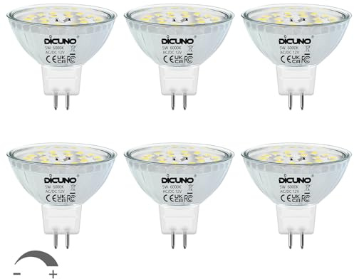 DiCUNO MR16 LED Bulbs Dimmable Daylight White 6000K 50W Halogen Equivalent 12V AC/DC, 5W GU5.3 Bi-Pin Base Glass Cover 120 Degree Beam Angle 500LM, Landscape Spotlight Track Recessed Lighting, 6 Pack