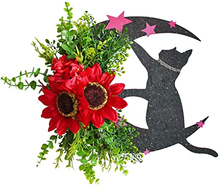 Mond-Halloween-Kränze für Haustür, Halloween-Mondkranz mit Katze, Wanddekoration, Halloween-Katzen-Türkranz, Katze, Halloween-Dekorationen für drinnen und draußen, Fenster, Wandkunst, große