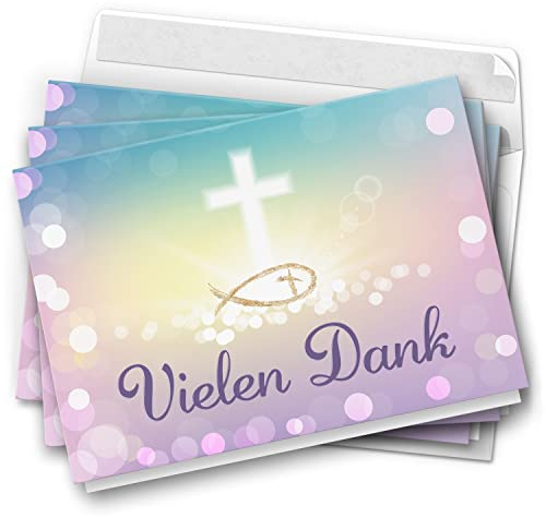 10 Dankeskarten kirchlich - Zauberhafter Verlauf Rosa - moderne Klappkarten mit Umschlägen - Danke sagen nach Kommunion, Konfirmation, Taufe, Hochzeit