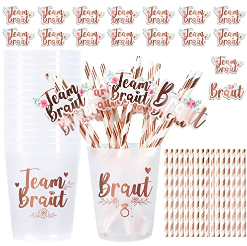 iZoeL 16Set JGA Becher Braut Team Tassen/Team Braut Strohhalme/Team Braut Aufkleber/JGA Braut Team Tassen Set, Junggesellenabschied Frauen Deko Rosegold