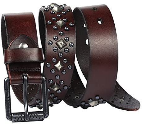 YOPADO Nietengürtel Punk Rock Gürtel Mit Hellen Pyramidennieten Und Nieten In Runder Anordnung Rindsleder Ledergürtel Für Gothic Kleidung(115cm/waist:38~40, Coffee)