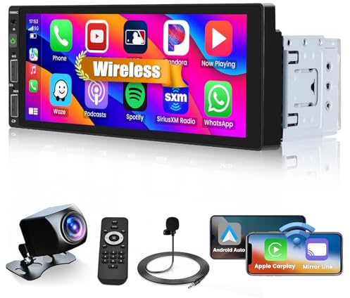 Hikity 1 Din Auto Radio Touch Display, Carplay Android Auto Wireless, 6,9'' Bildschirm, mit Bluetooth Freisprecheinrichtung, Mirror Link, AUX USB SWC FM EQ MIC, Rückfahrkamera