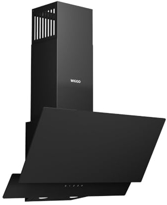 Wiggo A642 Dunstabzugshaube 60cm kopffrei I Abluft Umluft Dunstabzug 626m³/h - Touch-Display 4 Stufen I Energieeffizienzklasse A Schräghaube inkl. 2x Kohlefilter I Abzugshaube Glasfront schwarz