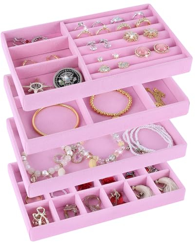 LWAIX Organizer Gioielli Jewelry Organizer Portagioielli Vassoio per Gioielli Impilabile Per Conservare ed Esporre Orecchini Collane Anelli 4Pcs (rosa)