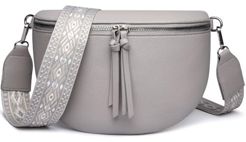 FOMAX Bauchtasche Damen, Crossbody Bag Breiter Schulterriemen im Bohemian Style, Umhängetasche Groß Extra Reißverschlussfach, Silberner Doppel-Reißverschluss Schultertasche