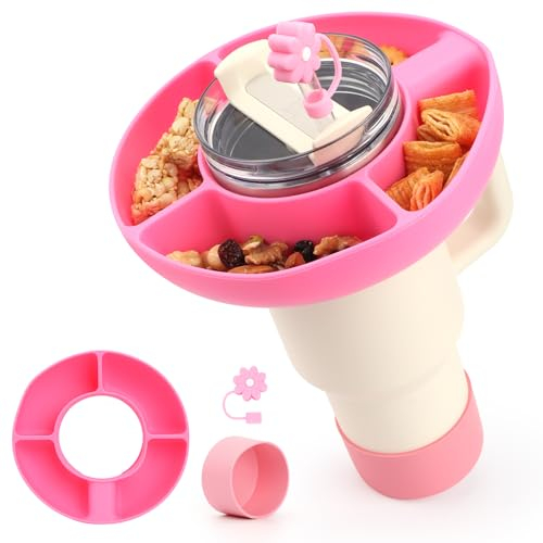 WALLFID Silicone Snack Bowl Compatible with Stanley 40 oz,Reusable, fits Stanley Cup 1.0/2.0,with Boot and Straw Cover caps, 4 compartments for Candy, Popcorn, fits car,Movie Theater (Rose Red)