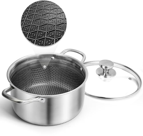 AuFranc™ Hybrid Nonstick 6 Quart Stainless Steel Stockpot with Glass Lid, Induction Stock Pot with Honeycomb Carving, Non-stick Soup Pot Compatible with All Cooktops, Non-Toxic, Dishwasher & Oven Safe