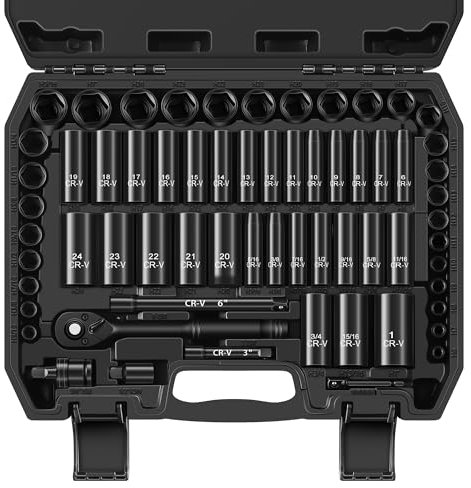 Reniteco 64-Piece 3/8 Drive Socket Set, SAE (5/16-1) & Metric (6mm-24mm), Deep & Shallow, 72-Tooth Ratchet Wrench, Extension Bars, 1/2 F to 3/8 M Reducer, Universal Joint & Power Drill Adapter